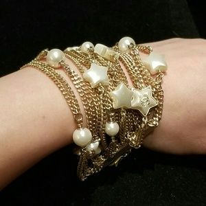 Auth Chanel multi-layer stars & pearls bracelet